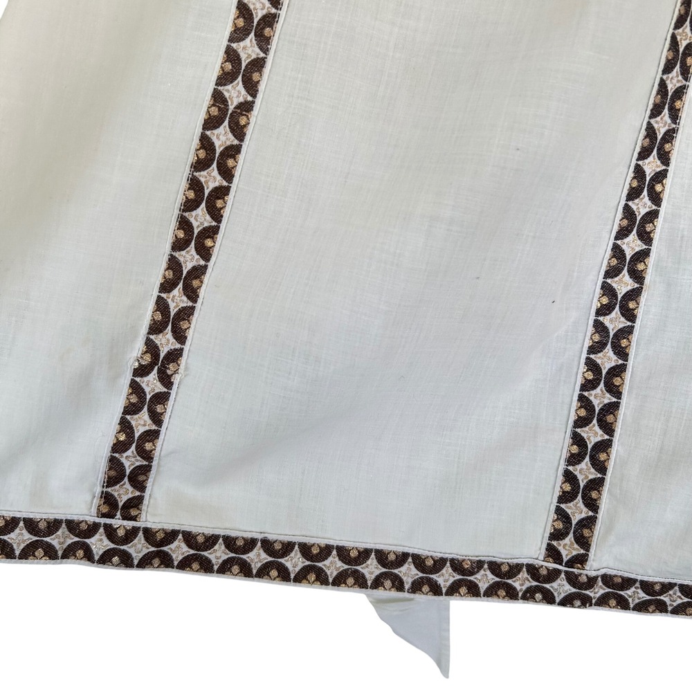 Vintage 70s Cottagecore Half Apron Women OS White Brown Gold Geometric Trim - Picture 3 of 7